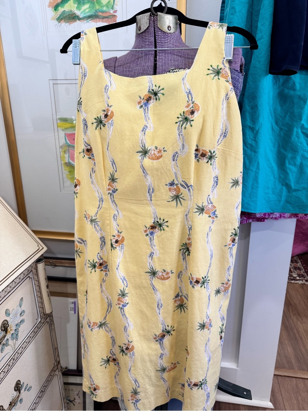Vintage 90’s tropical beaded dress, petite Sz m, cotton shift dress.